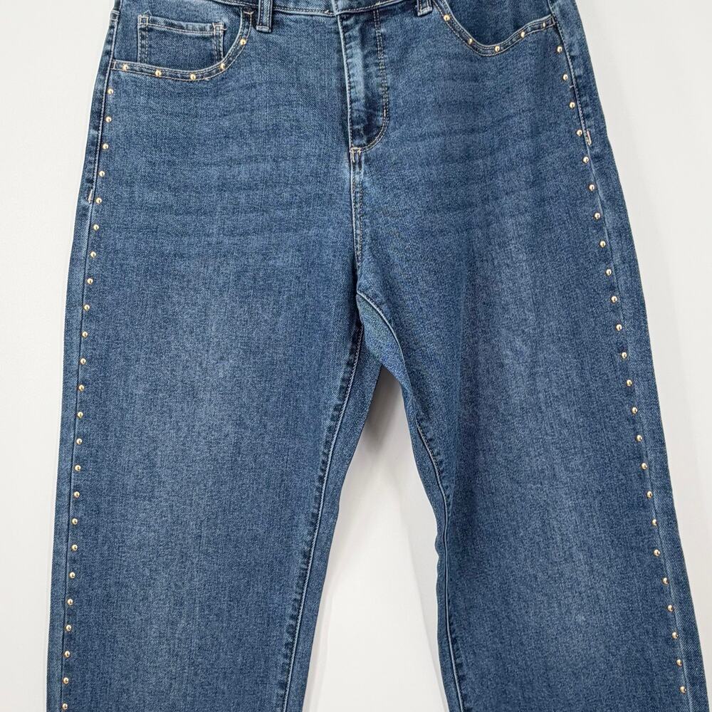 Express Embellished Stud Straight Leg Jeans NWT Size 8 Medium Wash Gold Studs - Picture 4 of 12